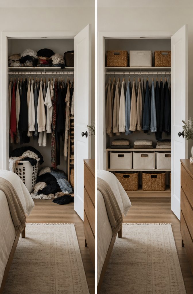 Various baskets used for organization in a bedroom setting.