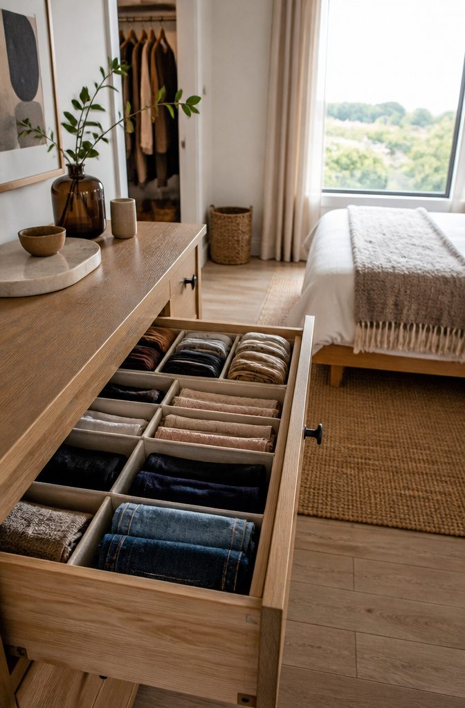 Organized drawers with dividers holding socks and underwear.