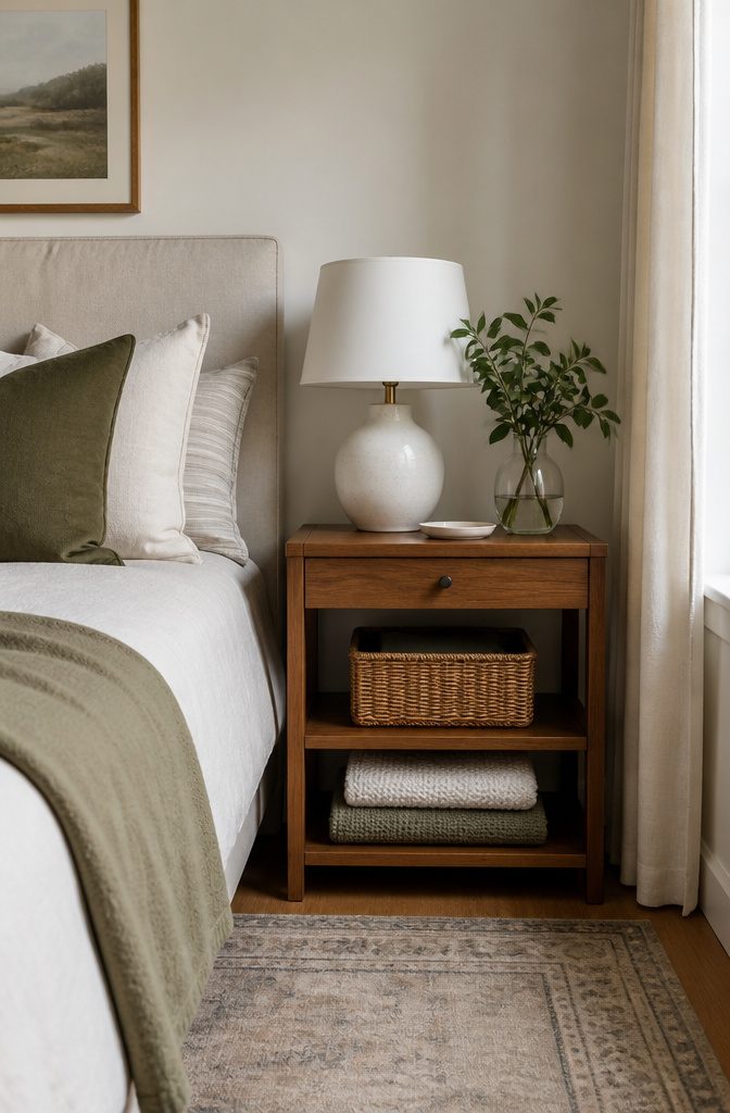 A nightstand featuring a drawer and lower shelf for storage.