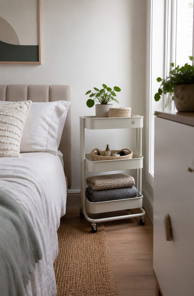 A three-tier rolling cart used for storage in a bedroom.