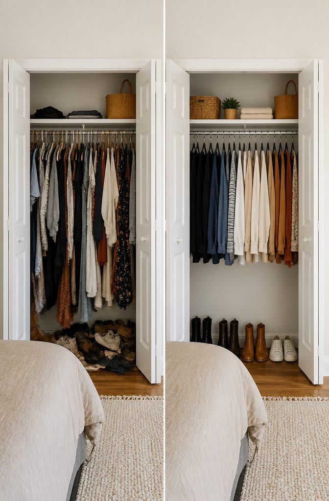 A closet organized with slim velvet hangers for clothing.