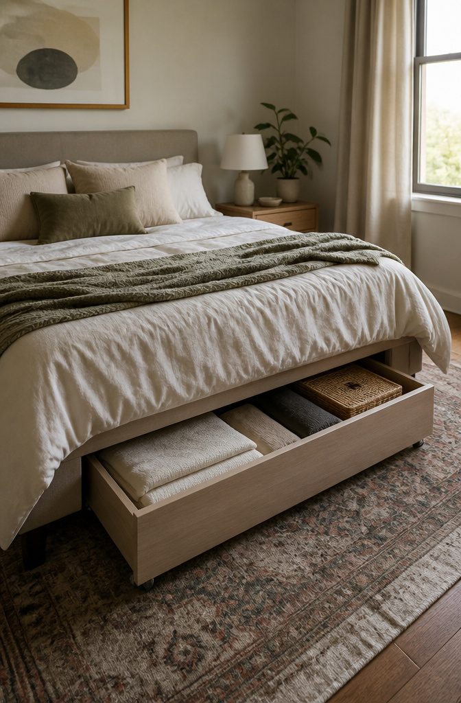 Under-bed storage bins organized under a bed frame.