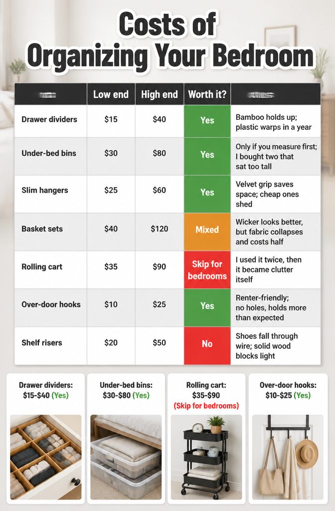 A chart detailing the costs associated with bedroom organization.