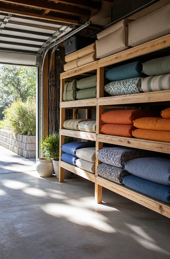 Neatly arranged garage shelves holding colorful patio cushions.