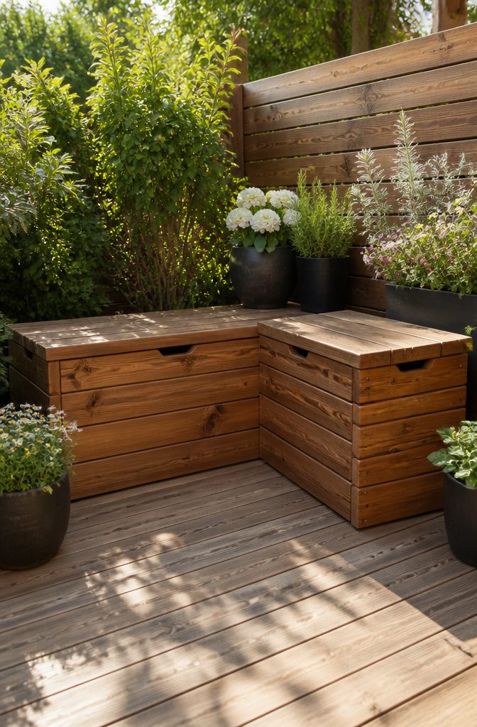 L-shaped bench with storage in a landscaped patio area.