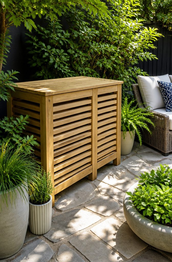 Wooden louvered storage box set on a stone patio surrounded by plants.
