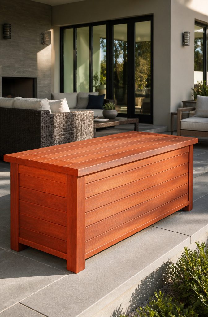 Contemporary cedar storage bench with a sleek design on a patio.