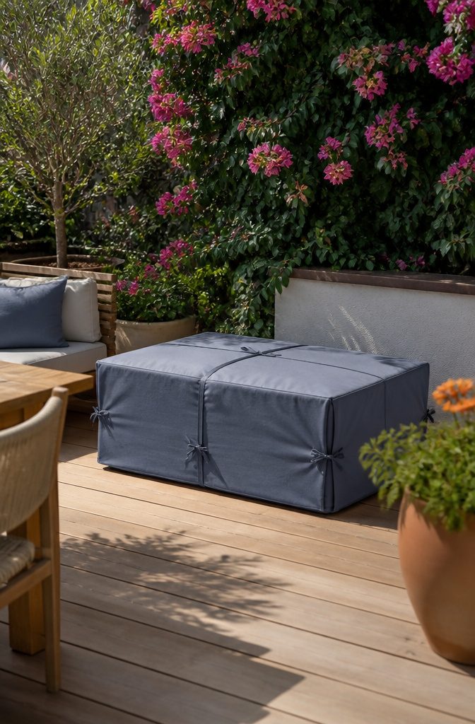 Durable fabric cover snugly fitting over stacked cushions on a patio.