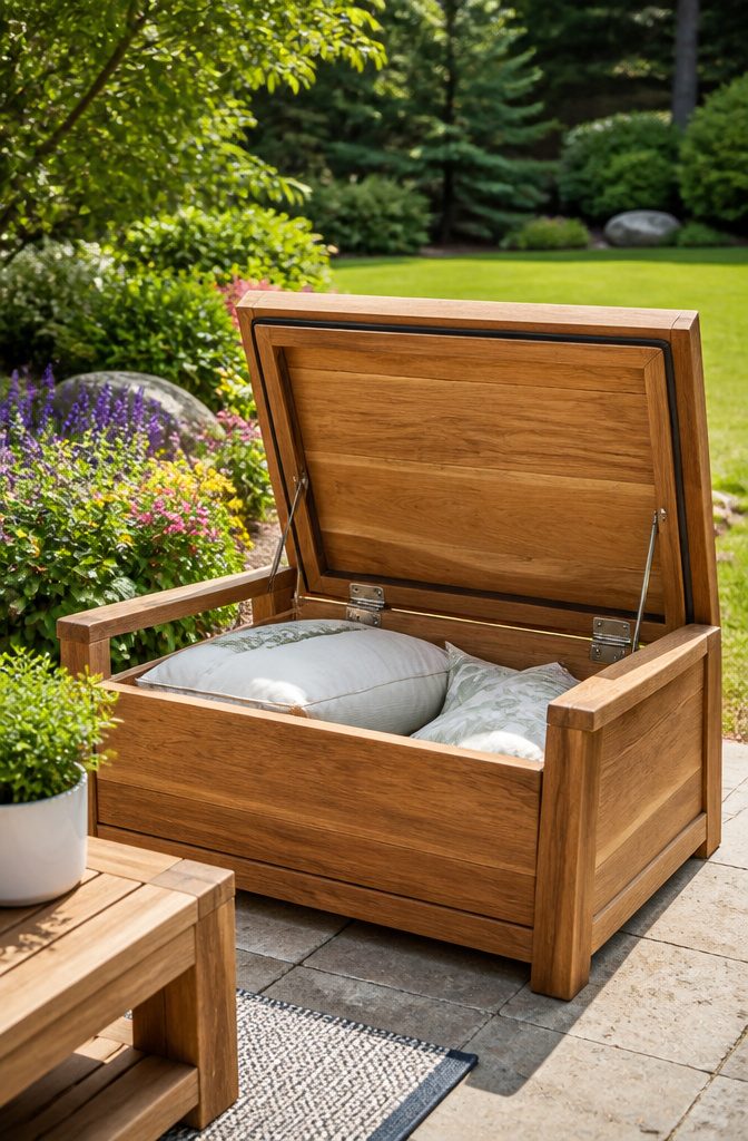 Lounge chair featuring a storage compartment in a vibrant garden.