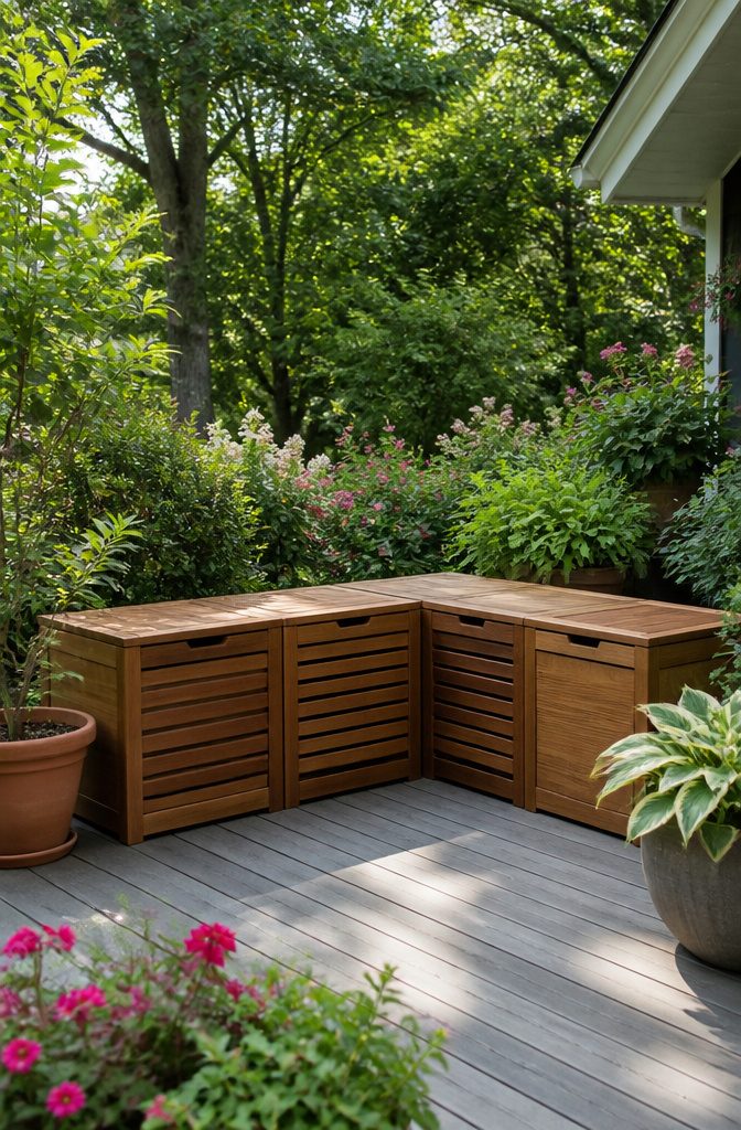 Garden bench with slat designs and sections for cushion storage.