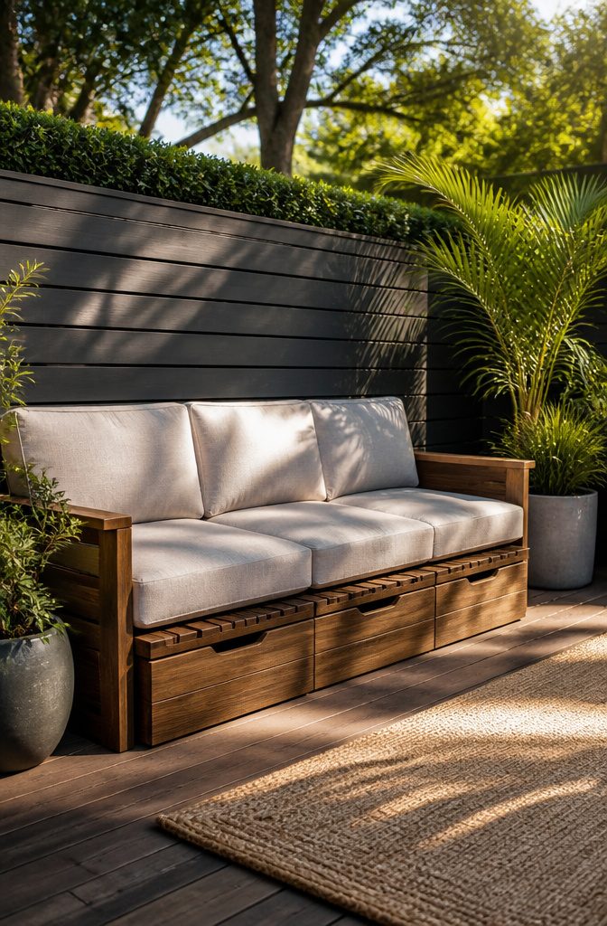 Plush outdoor sofa with a storage area underneath in a garden.