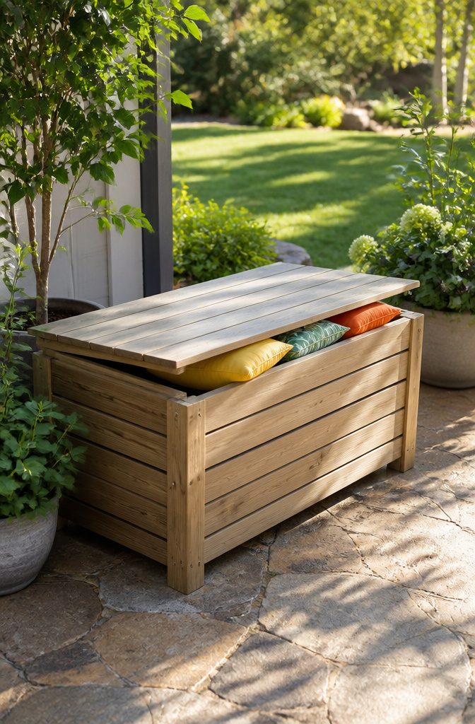 Outdoor storage bench with bright cushions inside, set in a garden.