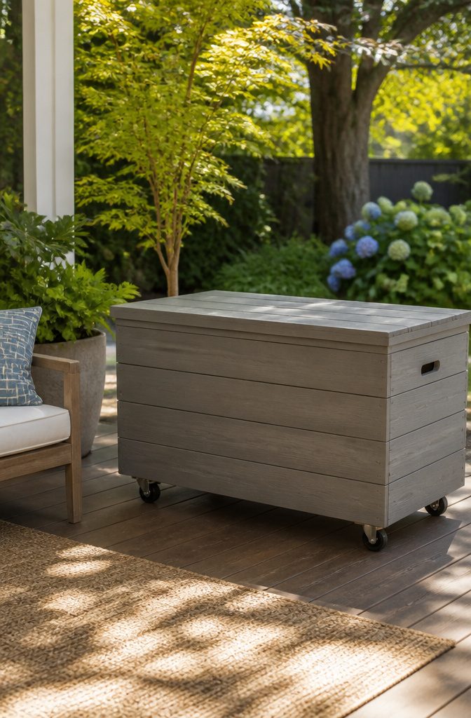 Plywood storage box with locking casters positioned on a patio.