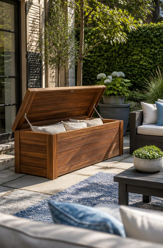 Low-profile outdoor storage chest surrounded by garden furniture.