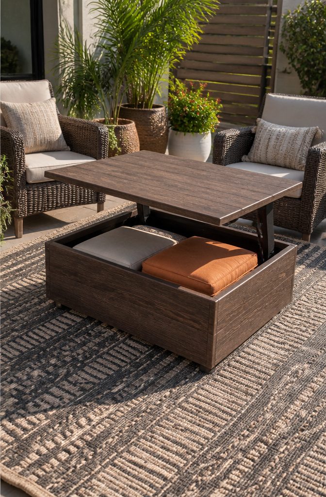 Stylish coffee table with cushions neatly stacked inside on a patio.
