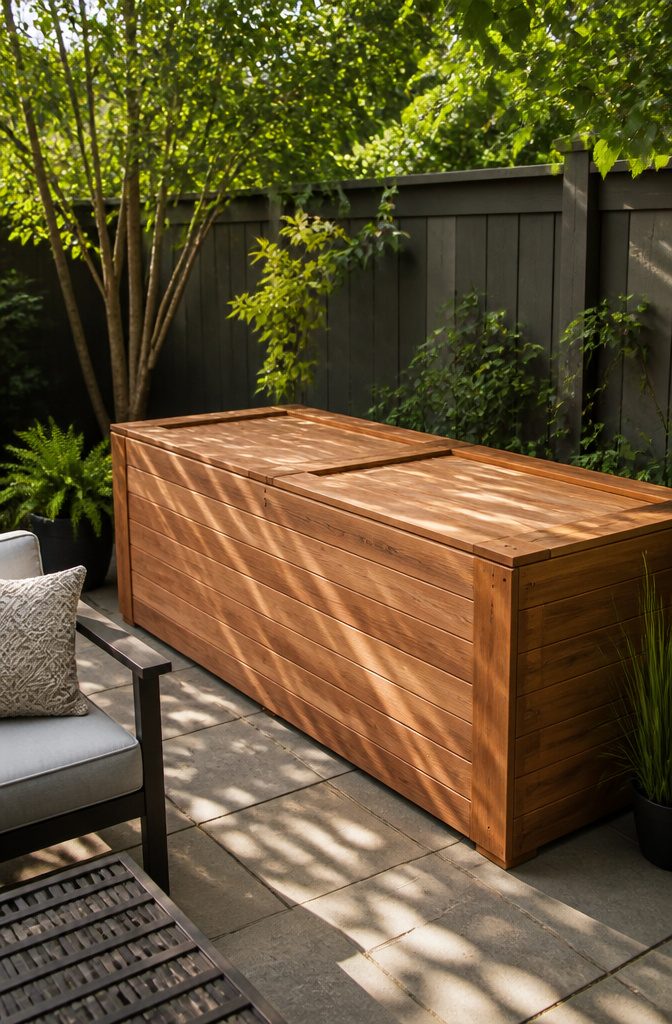 Large cedar storage box with a natural finish in a patio setting.