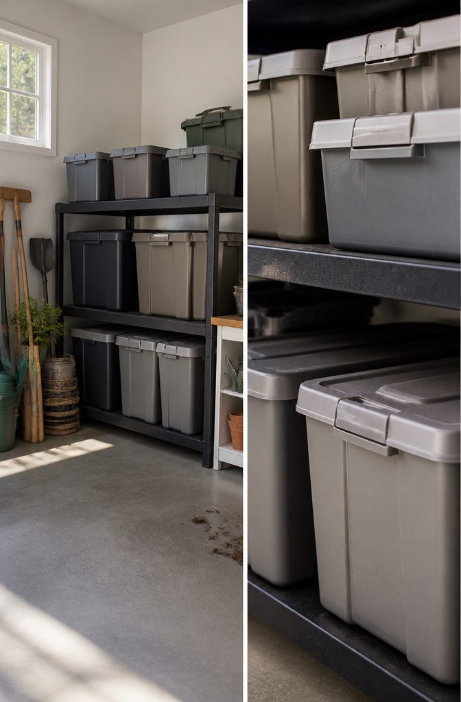 Plastic storage tote with a tight-fitting lid for cushion storage.