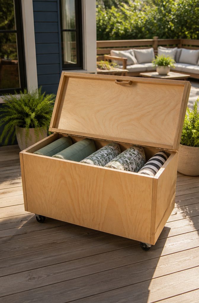 Plywood storage box on casters placed on a sunny patio.