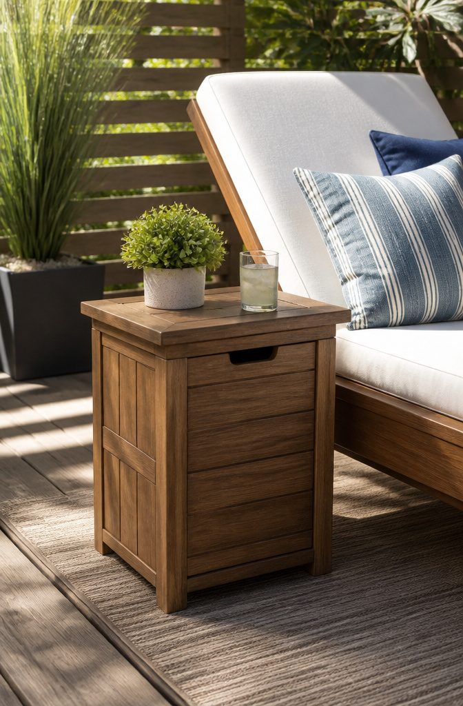 Side table deck box positioned beside a lounge chair on a patio.