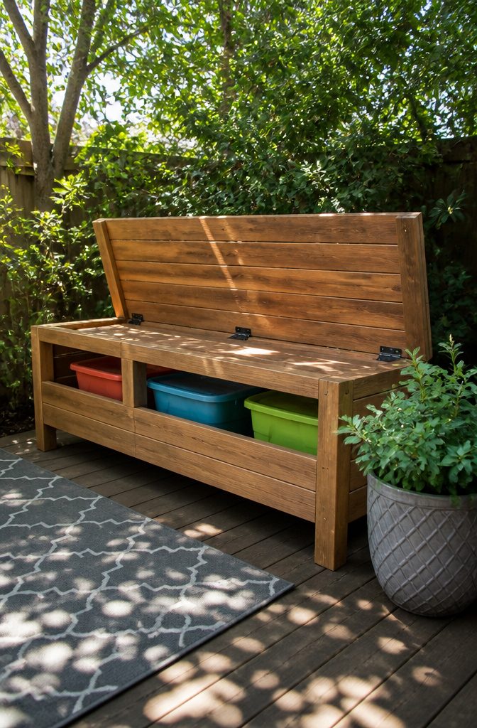 Bench with standard plastic storage totes visible under the lid.