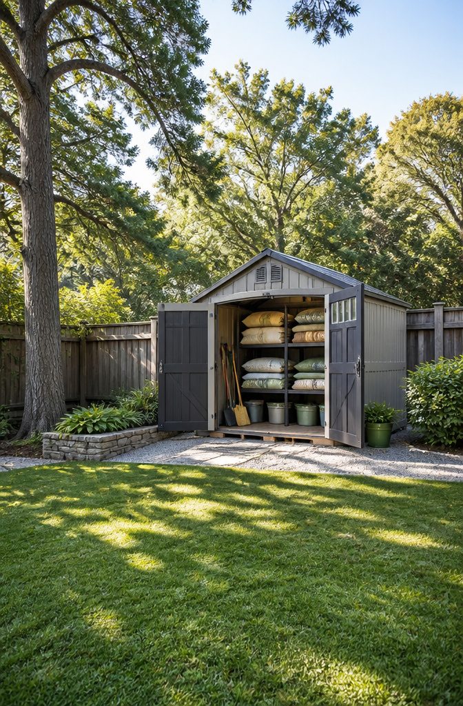 Storage shed with cushions elevated on shelves inside.