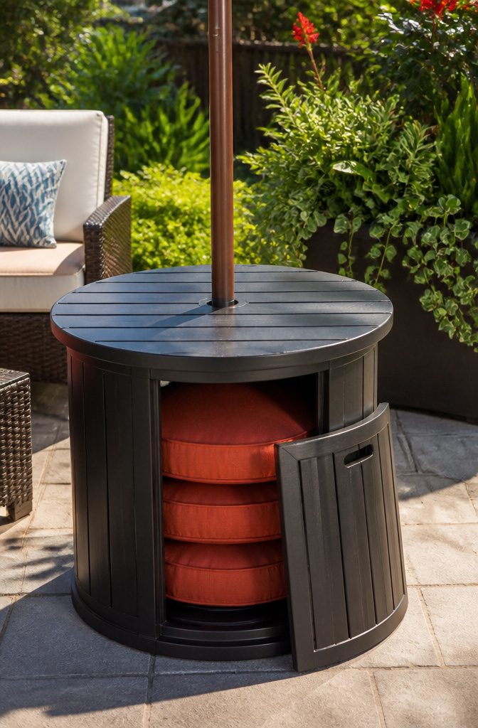 Umbrella side table with a pole opening and storage space below.