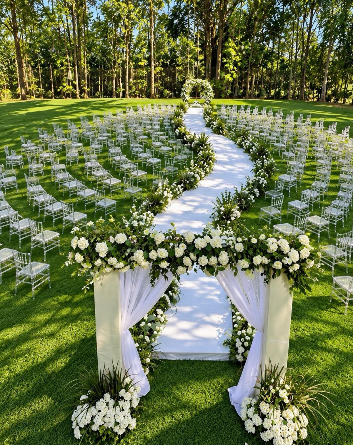 Outdoor wedding ceremony with clear ghost chairs and white floral arch on green grass