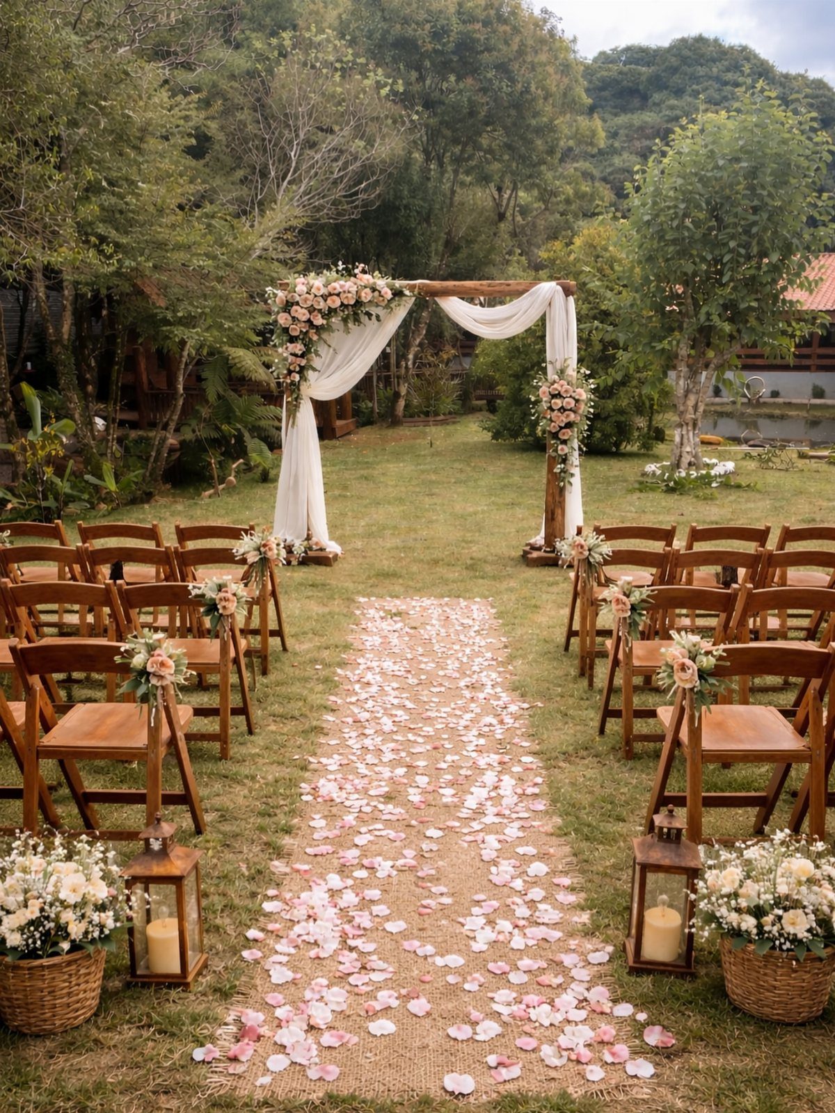Wooden wedding arbour with white fabric and pink flowers overlooking a petal-strewn aisle.
