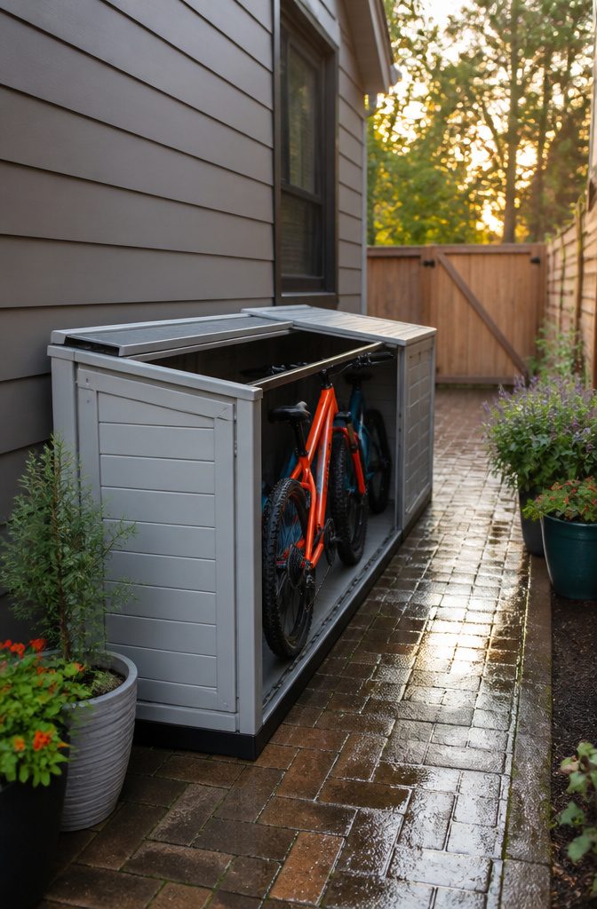 7 Outside Bike Storage Ideas: Weatherproof Sheds, Racks & Covers 12 A Suncast 6' x 4' Glidetop shed with its roof partially opened.