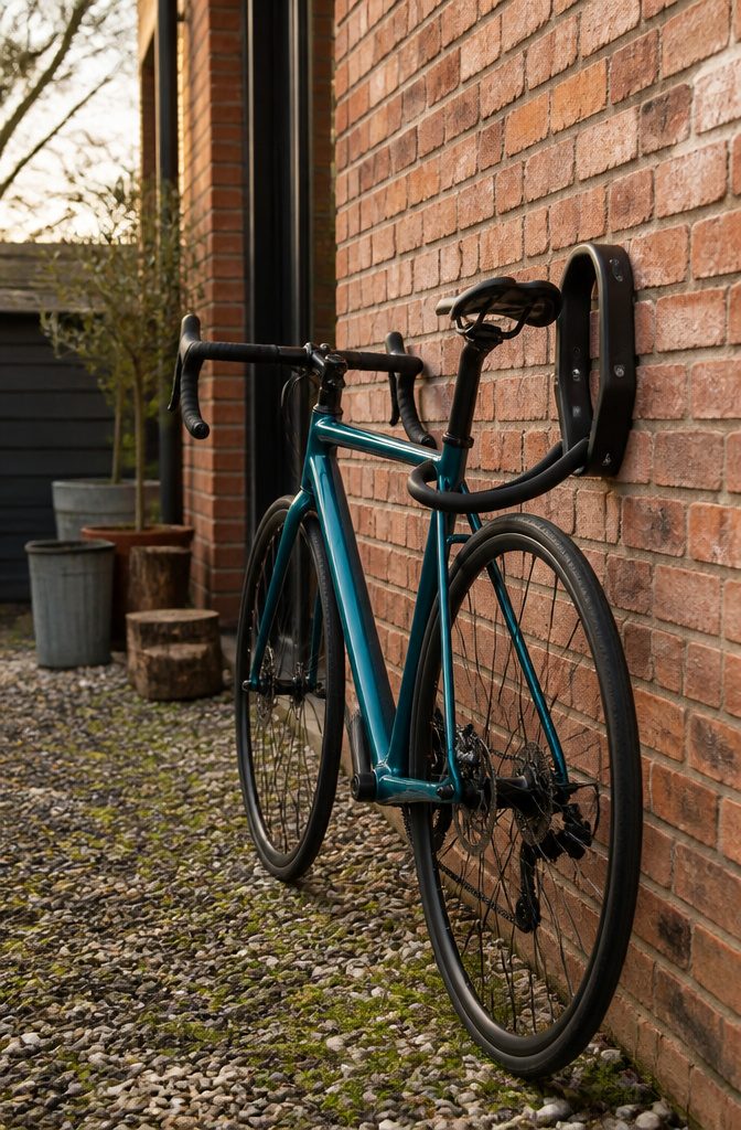 7 Outside Bike Storage Ideas: Weatherproof Sheds, Racks & Covers 5 A Hiplok Airlok mounted on a brick wall with a bike secured to it.