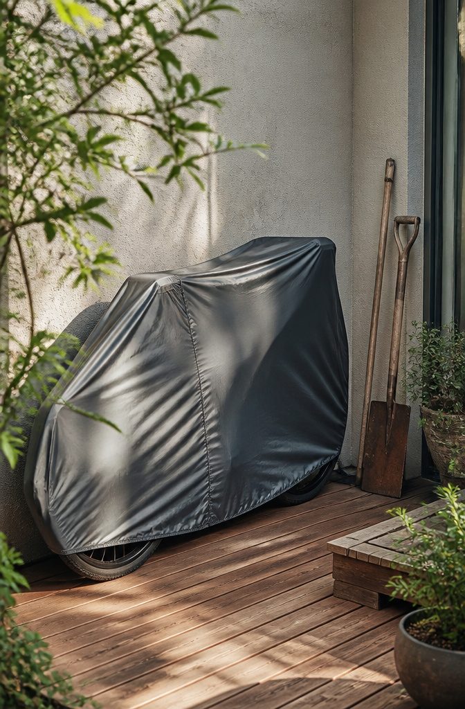 7 Outside Bike Storage Ideas: Weatherproof Sheds, Racks & Covers 4 A bike covered with a ripstop waterproof cover on a patio.