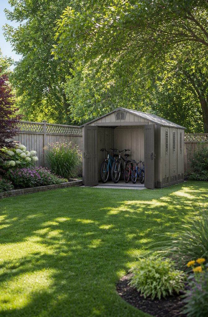 7 Outside Bike Storage Ideas: Weatherproof Sheds, Racks & Covers 1 A large Keter Newton Plus shed with two adult bikes and two kids' bikes inside.