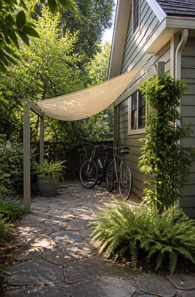 7 Outside Bike Storage Ideas: Weatherproof Sheds, Racks & Covers 6 A canopy providing cover for bicycles in a patio area.
