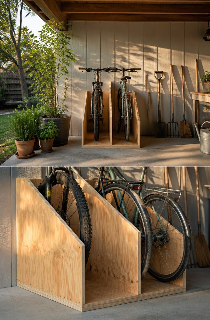 7 Outside Bike Storage Ideas: Weatherproof Sheds, Racks & Covers 7 A homemade plywood bike rack holding two bicycles under a porch.