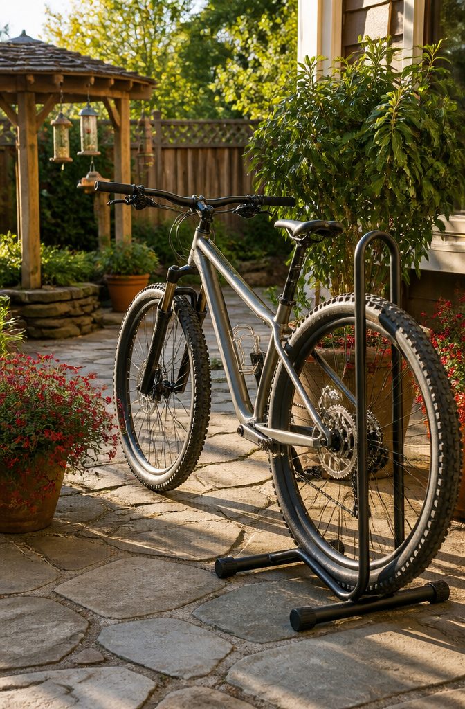 7 Outside Bike Storage Ideas: Weatherproof Sheds, Racks & Covers 3 A mountain bike supported by a Feedback Sports Rakk 2.0 stand in a garden.