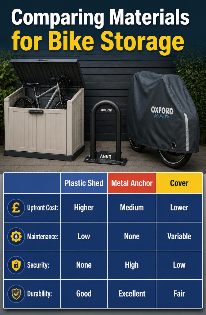 7 Outside Bike Storage Ideas: Weatherproof Sheds, Racks & Covers 11 An image comparing materials used for bike storage solutions.