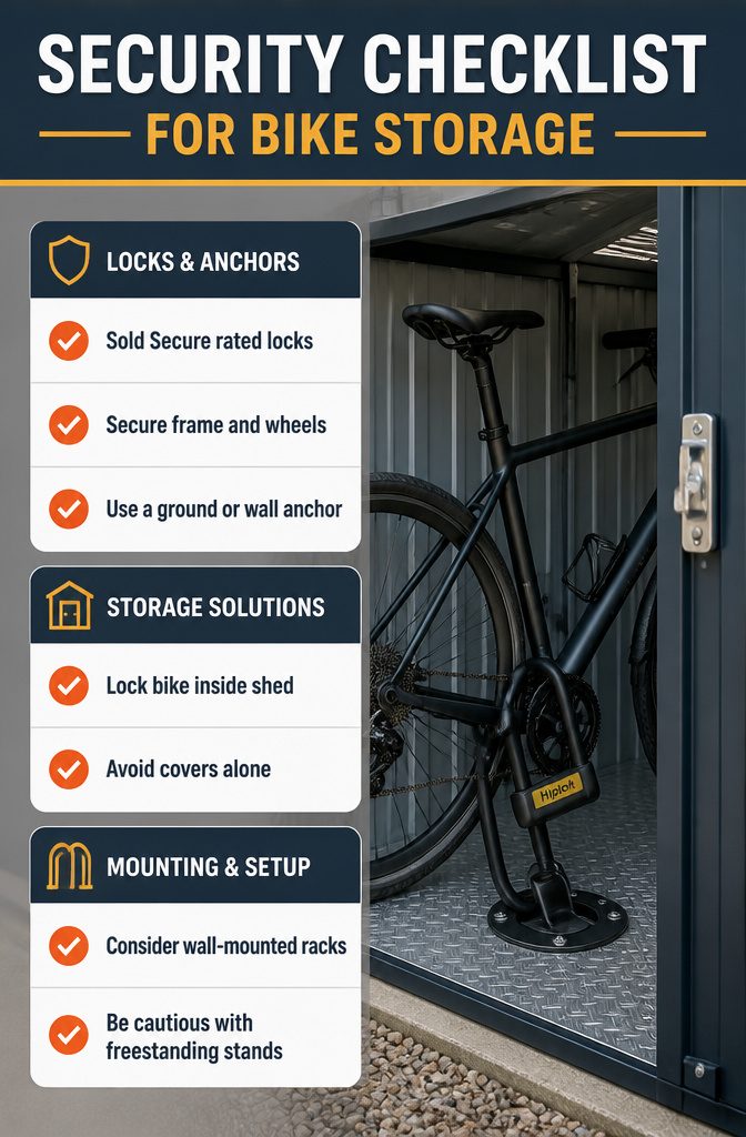 7 Outside Bike Storage Ideas: Weatherproof Sheds, Racks & Covers 8 An information image detailing a security checklist for bike storage.