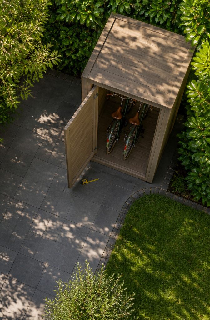7 Outside Bike Storage Ideas: Weatherproof Sheds, Racks & Covers 10 A compact shed fitting two bikes in a narrow yard space.