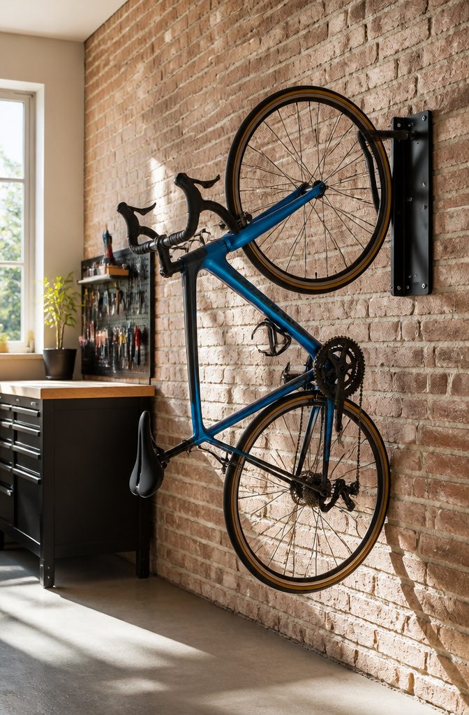 7 Outside Bike Storage Ideas: Weatherproof Sheds, Racks & Covers 2 A Steadyrack wall-mounted bike rack holding a bicycle flat against the wall.