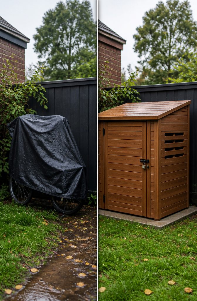 7 Outside Bike Storage Ideas: Weatherproof Sheds, Racks & Covers 9 A ventilated shed providing weather protection for bicycles.