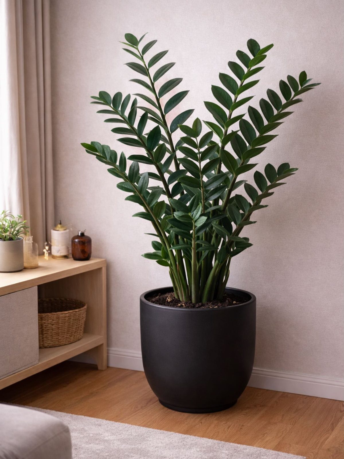 11 Low-Maintenance Plants for Rooms With No Natural Light 4 ZZ plant with dark green leaves in a black pot on wooden flooring.