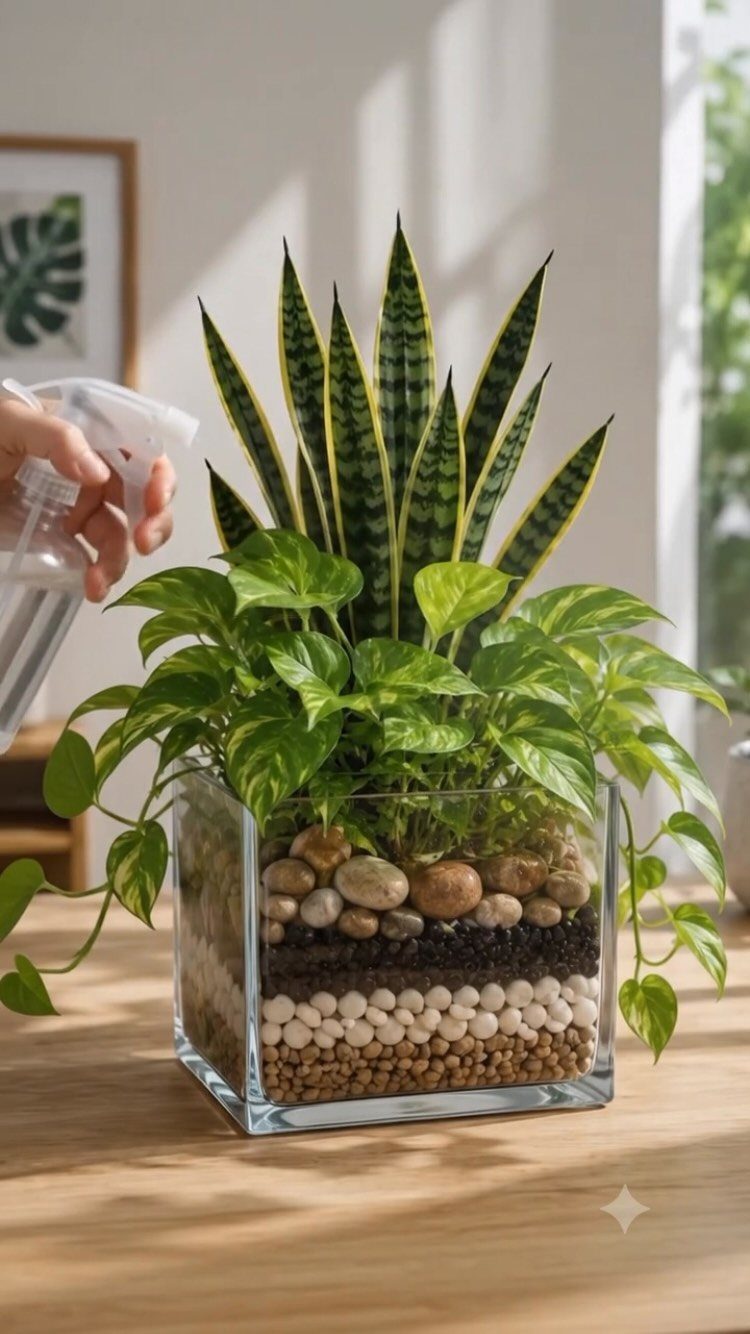 Plants in Jars: 14 Terrarium, Propagation, and Seedling Ideas 6 Snake plant and pothos growing in a layered glass jar on a wooden table