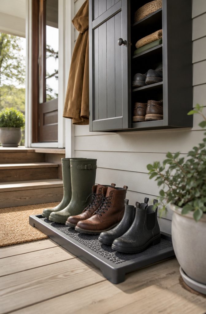 A boot tray and rack used for storing boots.