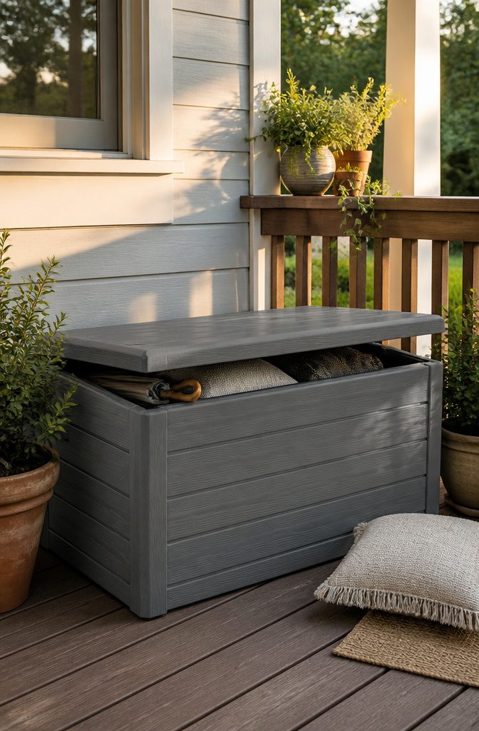 A storage bench deck box with a lid used for storage.