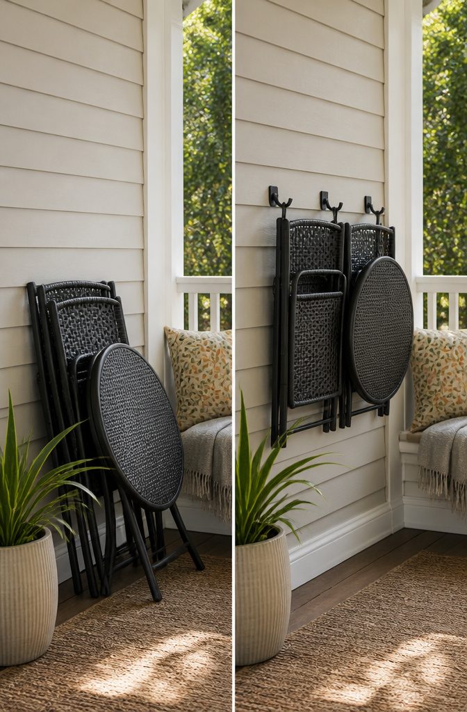 A foldable bistro set hanging on hooks against the wall.