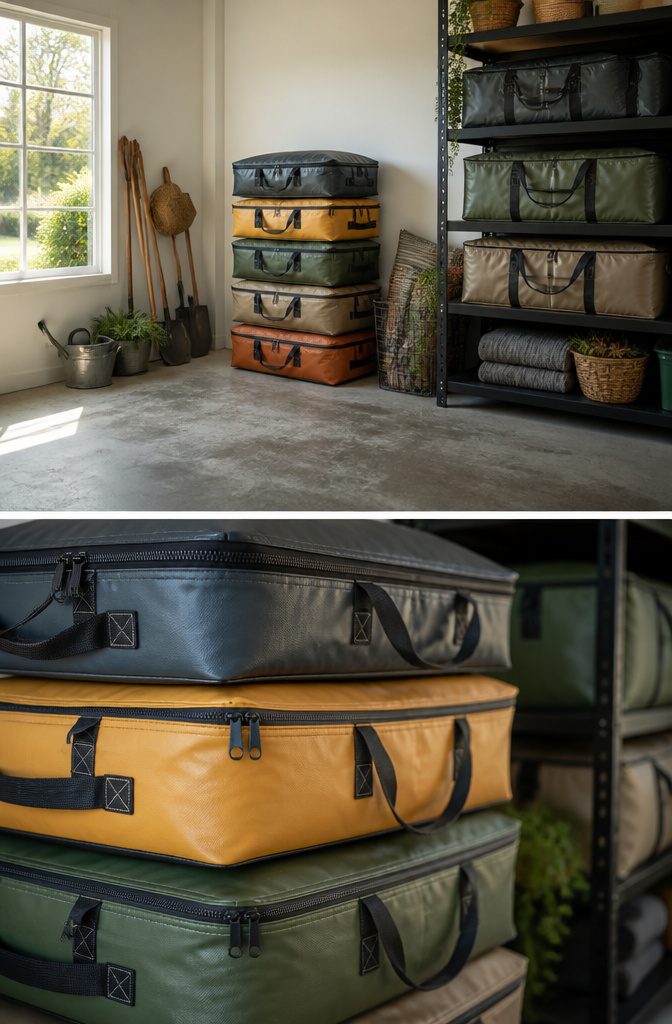 Durable waterproof storage bags for outdoor cushions.