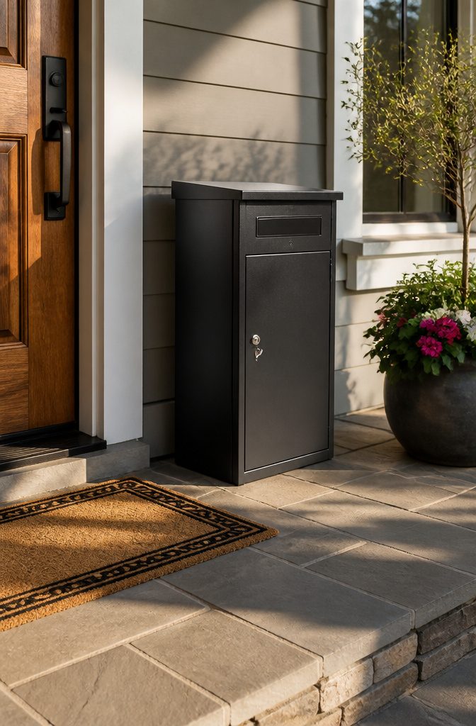 A steel package delivery box beside a front porch door.