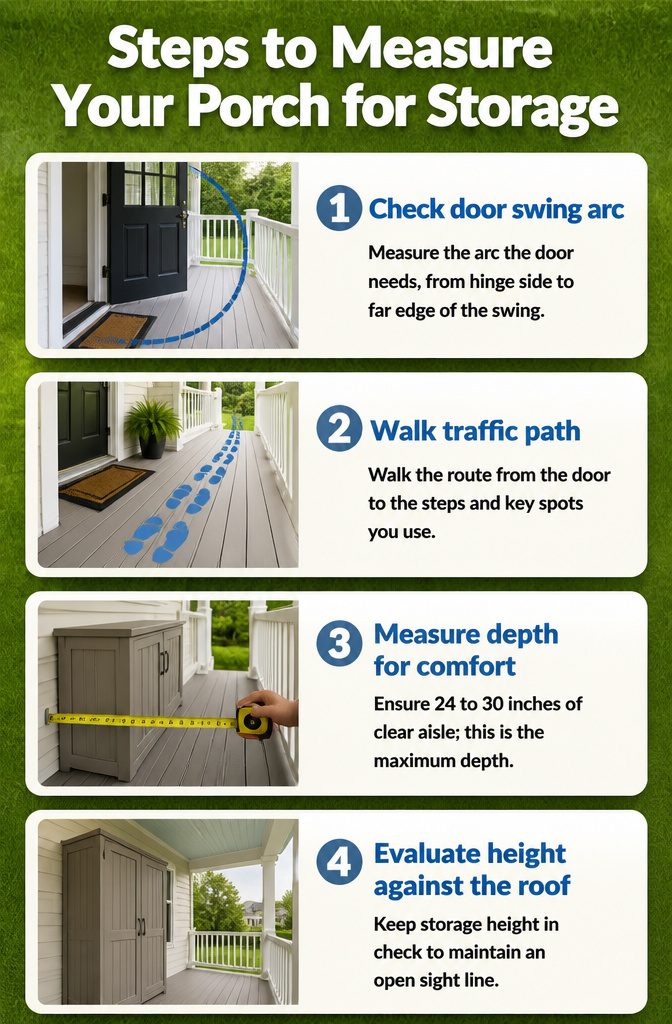 Steps to measure porch space for storage solutions.