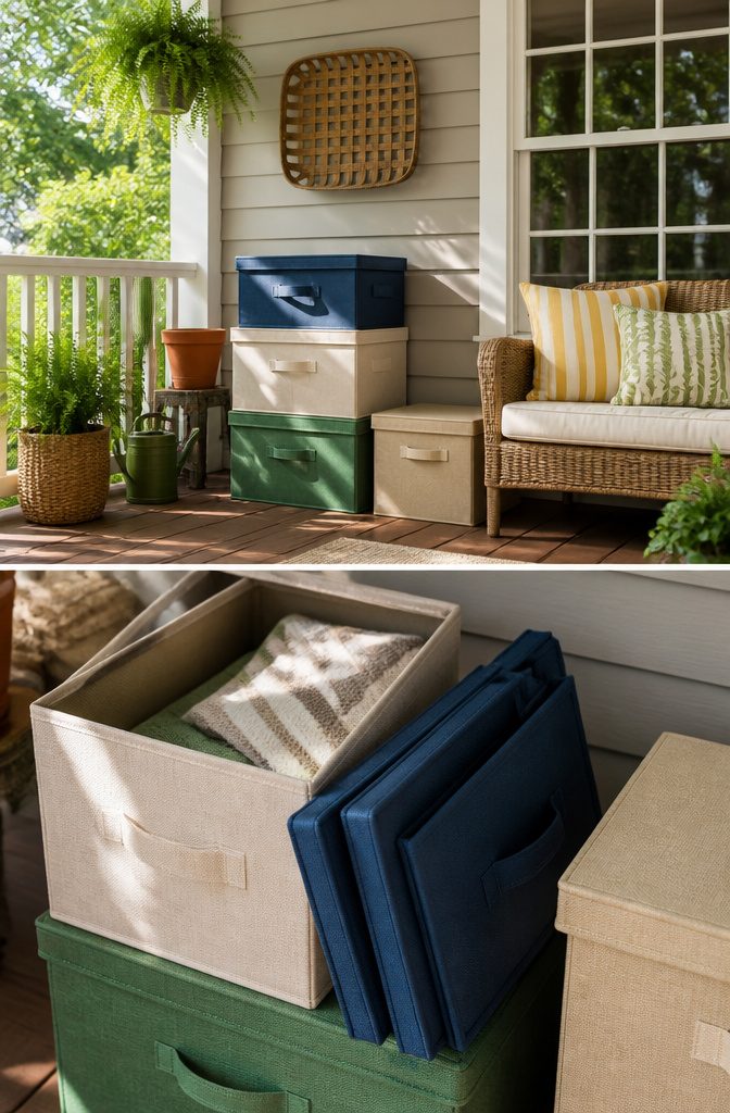 Foldable storage boxes ready for seasonal use on a porch.