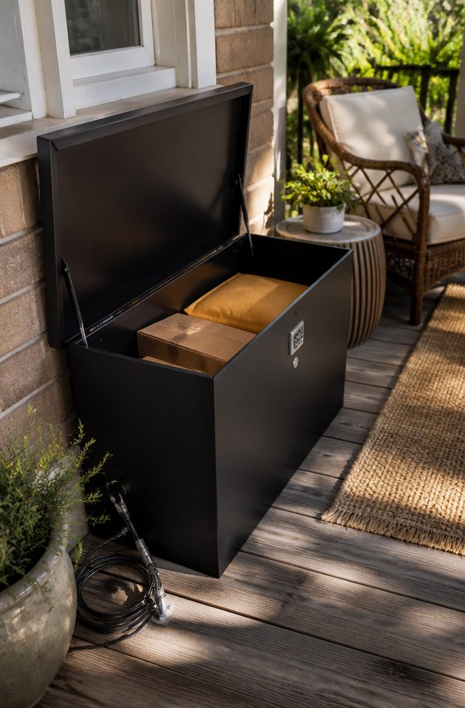 A lockable outdoor storage box with an electronic lock.